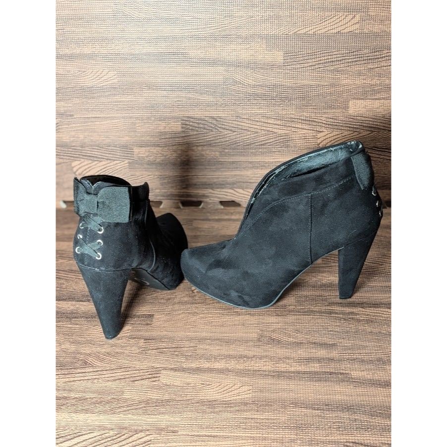 Vtg G By Guess Black Suede Stiletto Ankle Boots Back Bow Lace Up Booties Sz 7.5